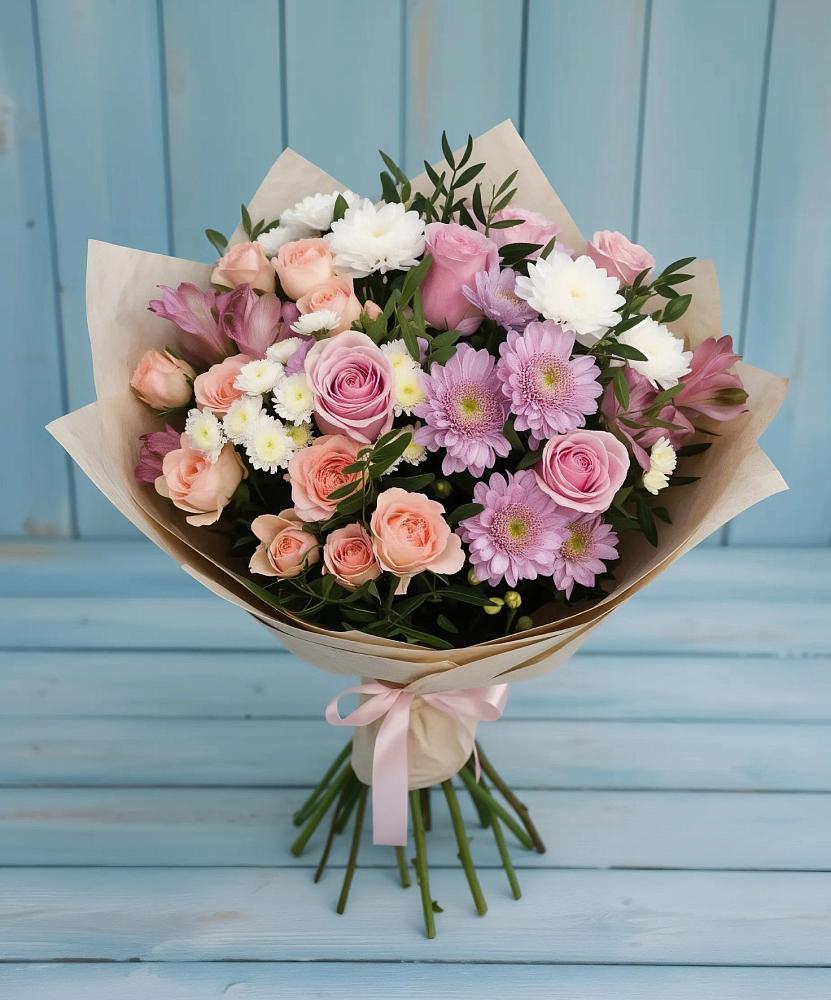 Букет цветов из: Хризантемы, Розы и Альстромерии в Струбково