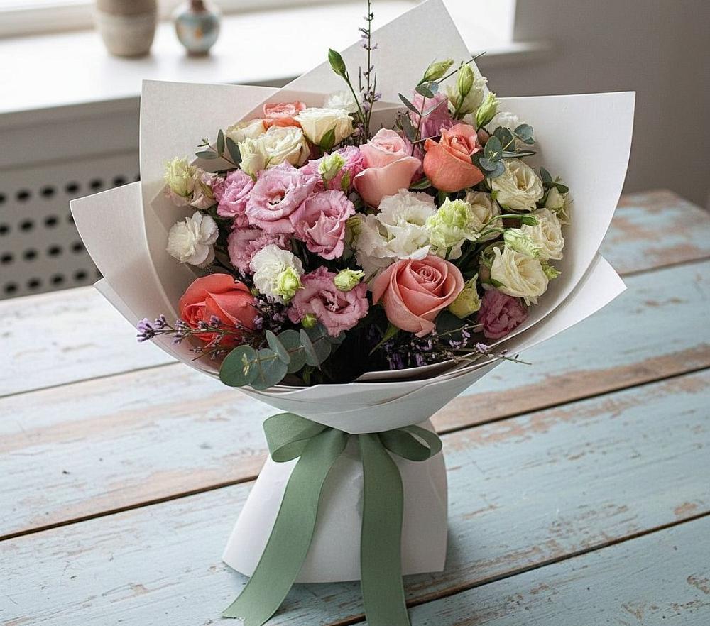 Букет цветов из: Розы, Лизиантусы и Гвоздики в Струбково