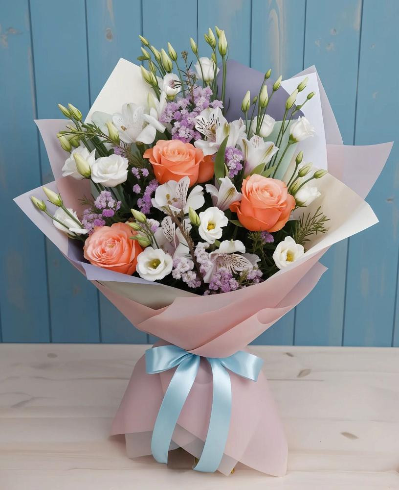 Букет цветов из: Лизиантусы, Розы, Альстромерии и Гипсофила в Струбково