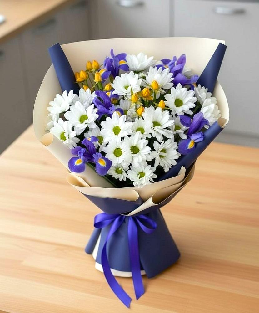 Букет цветов из: Розы, Ирисы и Хризантемы в Струбково